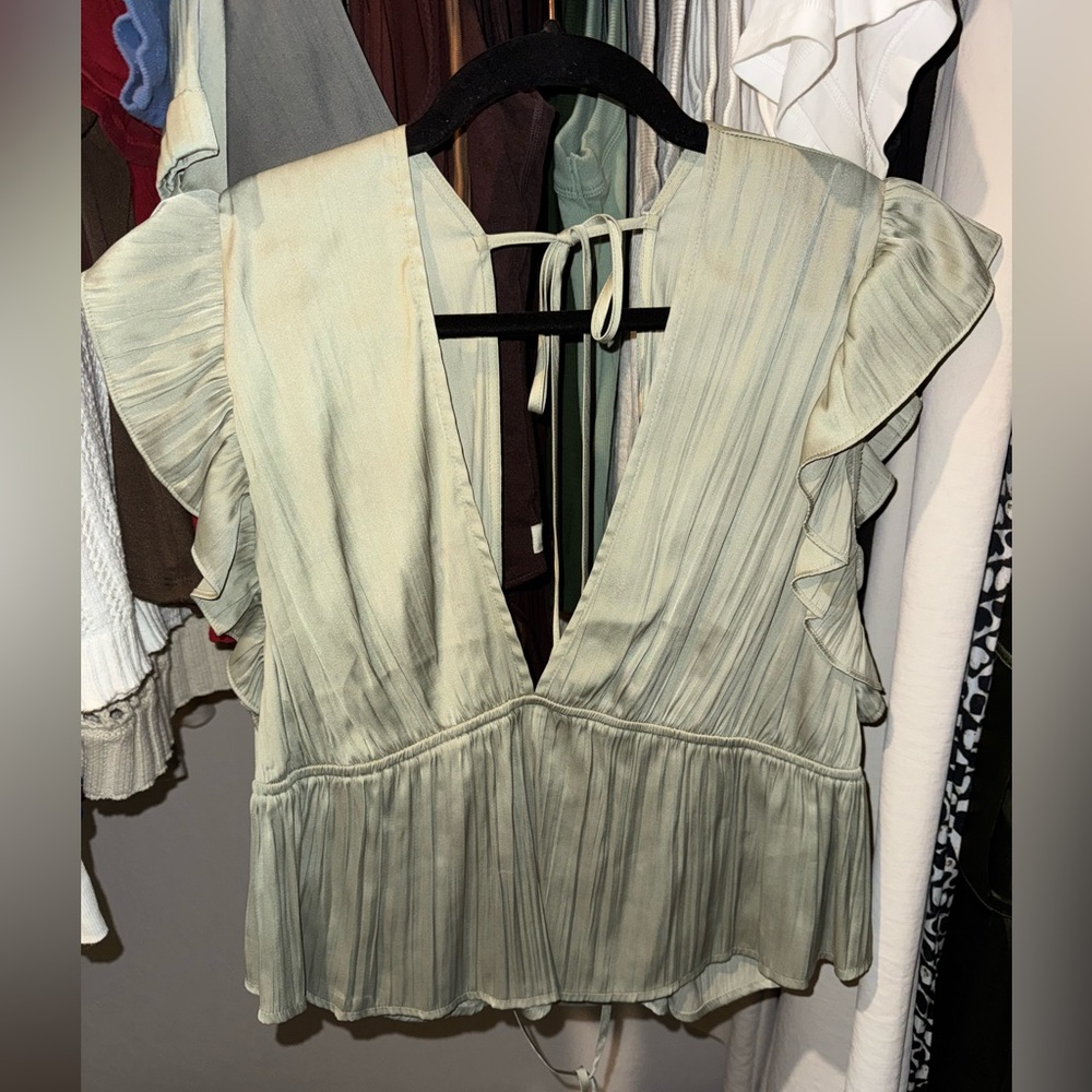 Anthropologie Light Green Ruffle Blouse